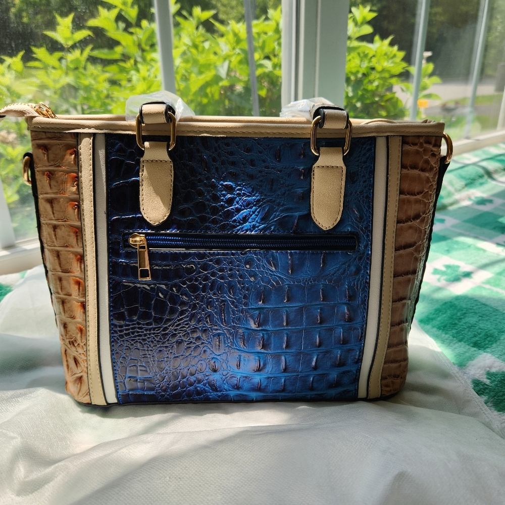 MKF Collection By Mia Blue and Brown Croc-Embossed Women's Bag And Wallet Set.